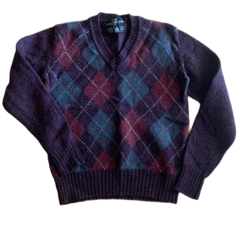 Vintage Club International Pure Wool Argyle Sweater Small Purple Dark Academia